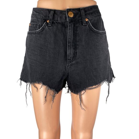 River Island Women's Black High Waist Frayed Raw Hem Cutoff Denim Jeans Shorts 8 - Picture 1 of 5